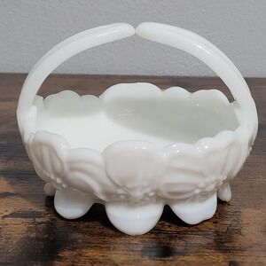 Vtg Westmoreland Milk Glass Pansy Dogwood Split‎ Handle Basket Bowl Candy Dish